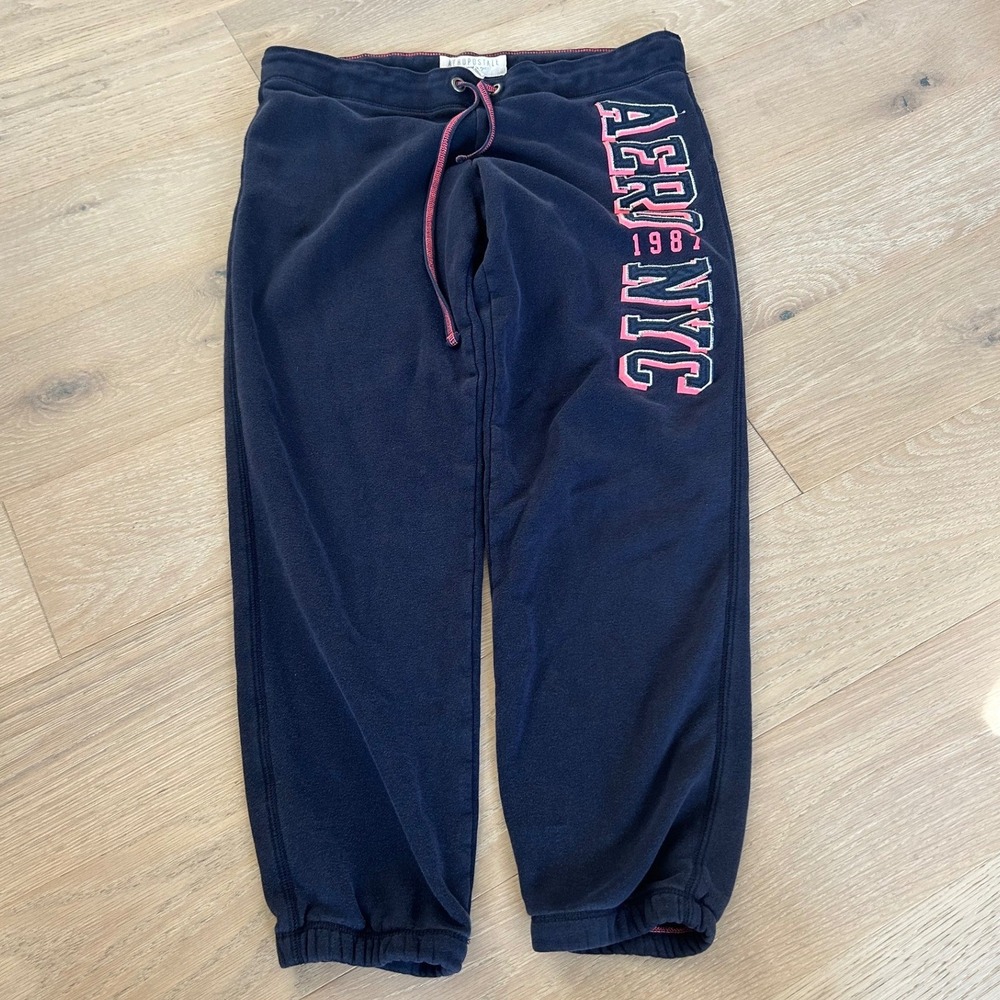 Aeropostale Navy Blue Fleece Graphic Jogger Sweatpants Pink AERO NYC 1987 Size L